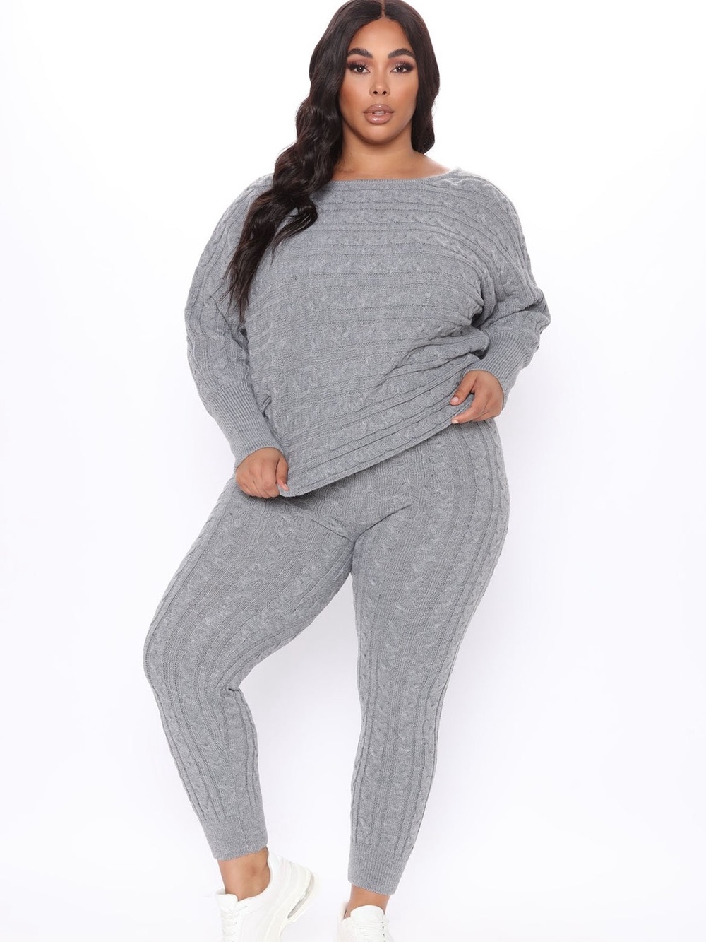 Fashion Nova Gray Off-the-Shoulder Cable Knit Sweater Set